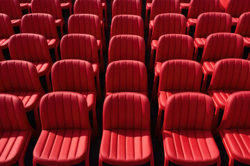 Obraz premium A row of identical red chairs lined up in a perfectly straight lines, symmetrical pattern in pop art style. 3d render illustration style. 