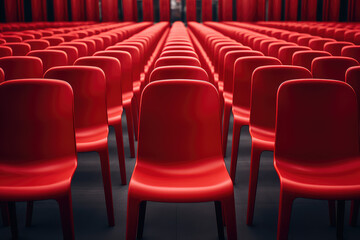 Obraz premium A row of identical red chairs lined up in a perfectly straight lines, symmetrical pattern in pop art style. 3d render illustration style. 