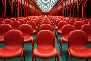 A row of identical red chairs lined up in a perfectly straight lines, symmetrical pattern in pop art style. 3d render illustration style. 