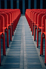 Obraz premium A row of identical red chairs lined up in a perfectly straight lines, symmetrical pattern in pop art style. 3d render illustration style. Vertical wallpaper.