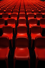 Fototapeta premium A row of identical red chairs lined up in a perfectly straight lines, symmetrical pattern in pop art style. 3d render illustration style. Vertical wallpaper.