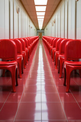 A row of identical red chairs lined up in a perfectly straight lines, symmetrical pattern in pop art style. 3d render illustration style. Vertical wallpaper.