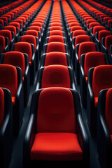 Obraz premium A row of identical red chairs lined up in a perfectly straight lines, symmetrical pattern in pop art style. 3d render illustration style. Vertical wallpaper.