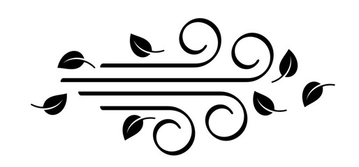 Leaves, spring time. Puff of wind blow line symbol. leaf, blowing wind, weather, environment. Gust pictogram. Wind trails. Dust spray and wind blowing trails. Windy weather, forecast.