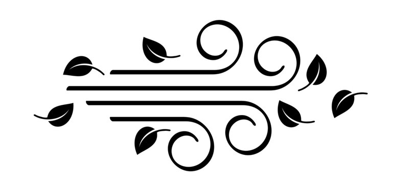 Leaves, spring time. Puff of wind blow line symbol. leaf, blowing wind, weather, environment. Gust pictogram. Wind trails. Dust spray and wind blowing trails. Windy weather, forecast.