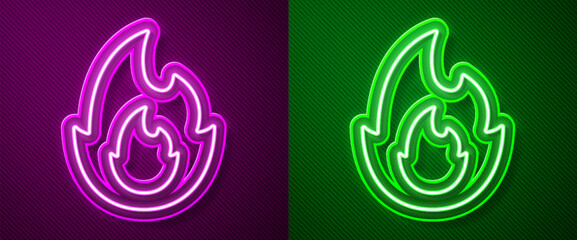 Fototapeta premium Glowing neon line Fire flame icon isolated on purple and green background. Vector
