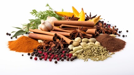 Fototapeta premium Spices and herbs on white background. variety of spice on white background. AI generative.