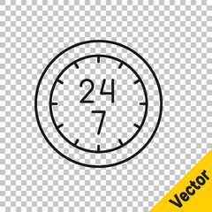 Black line Clock 24 hours icon isolated on transparent background. All day cyclic icon. 24 hours service symbol. Vector