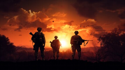 Fototapeta na wymiar Silhouette of soldiers on sunset background on dusty dessert war. AI generative.