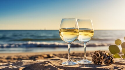 White wine on the summer sea background. AI generative. - obrazy, fototapety, plakaty