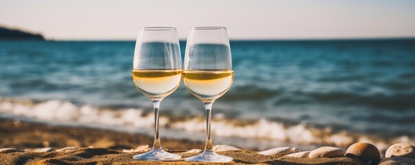 Obraz premium White wine on the summer sea background. AI generative.