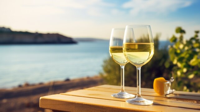 White wine on the summer sea background. AI generative.