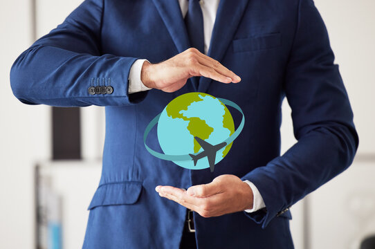 Hands, world and travel insurance with a man in his office to offer protection or cover during a flight. Plane, service or vacation and a business person in a suit with a globe icon for trip safety - Powered by Adobe
