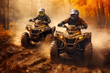 Extreme ATV Racing: Two Riders Speed Through Forest on Quads - Power, Dirt, and Adrenaline: Generative AI