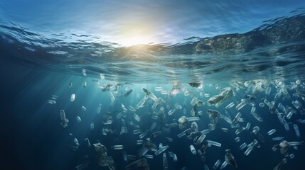 Plastic floating in the ocean, pollution in ocean, microplastic, sunlight with Generative AI.