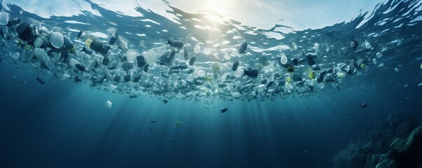 Plastic floating in the ocean, pollution in ocean, microplastic, sunlight with Generative AI.