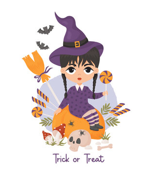 Halloween. Cute witch girl in hat with pumpkin, sweet candy lollipops, broom, skull and bats. Vector illustration in cartoon style. Holiday fantasy female character, kids collection. trick or treat