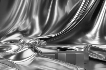 Silver platform for placing products on abstract shiny background. Abstract mockup scene for presentation. 3D rendering
