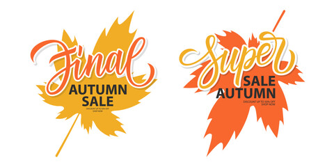 Autumn Sale promotional graphic templates. Fall season commercial with hand lettering and maple leaves for business, seasonal shopping, promotion and advertising. Vector illustration.