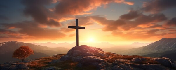 Religious christian cross crucifixion on top of mountain at sunset. AI Generative.