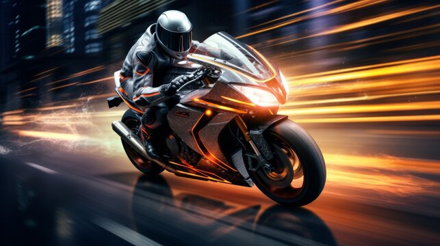 Racing motorcycle with abstract long exposure dynamic speed light trails in an urban environment city, Generative AI