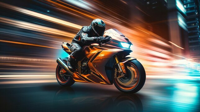 Racing motorcycle with abstract long exposure dynamic speed light trails in an urban environment city, Generative AI