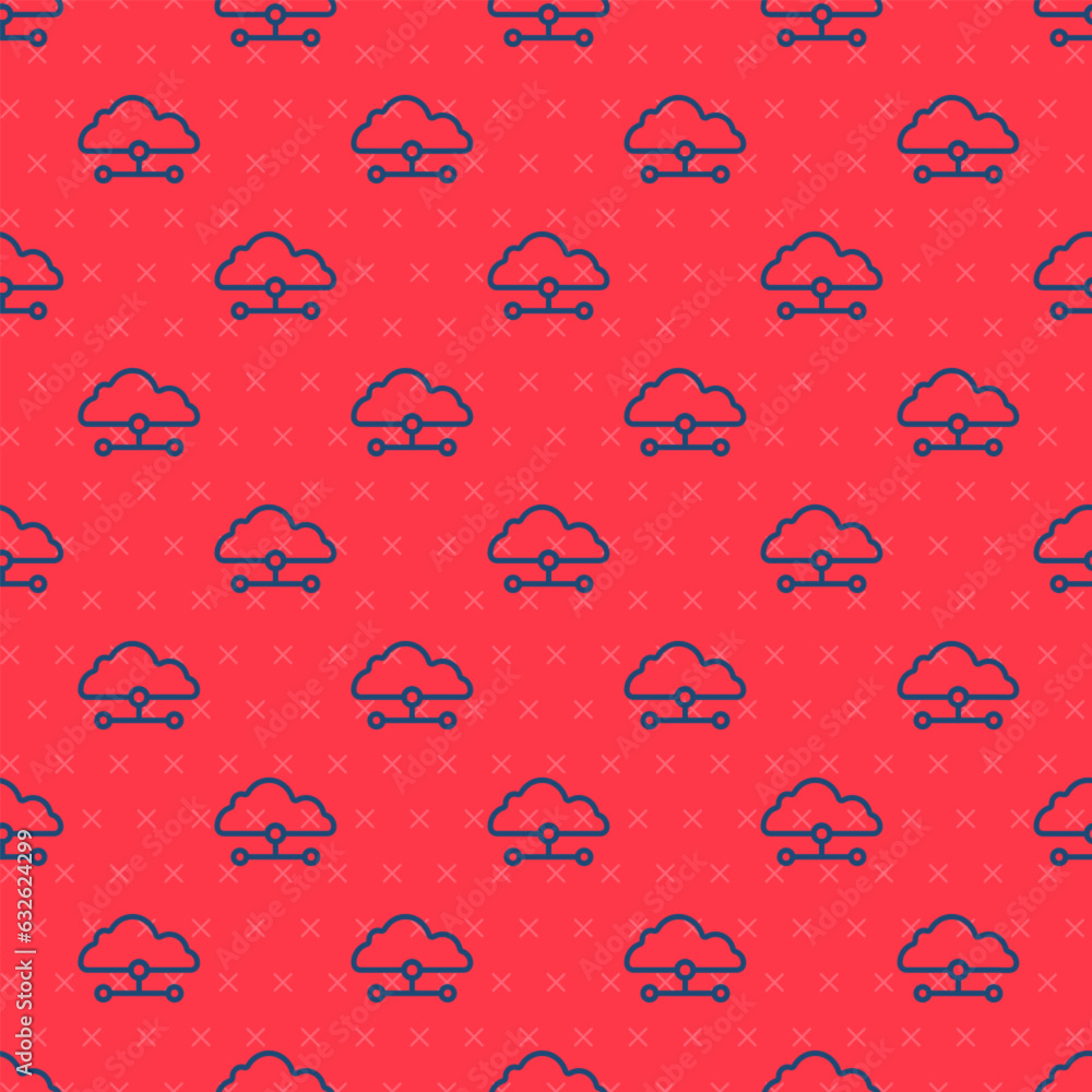 Poster blue line network cloud connection icon isolated seamless pattern on red background. social technolo