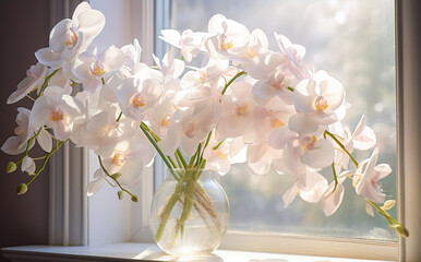 Beautiful orchid flowers in white vase.