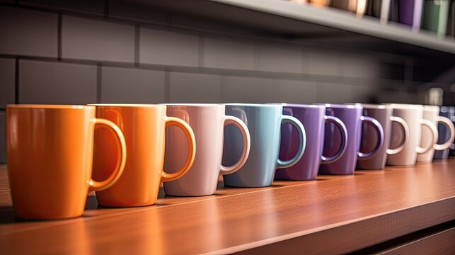 coffee mugs lined up near keurig in lounge kitchenette generative AI