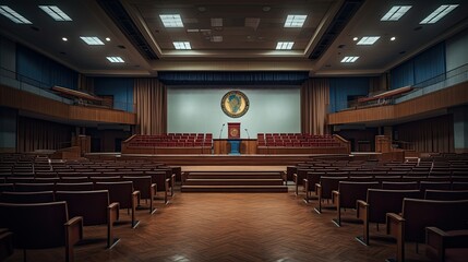 college lecture hall podium and seats ready for students generative AI - obrazy, fototapety, plakaty