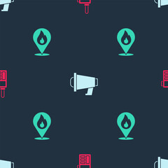 Set Walkie talkie, Megaphone and Location with fire flame on seamless pattern. Vector