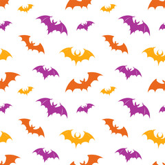 Halloween flying bat silhouette seamless pattern. Orange and purple and orange autumn vector illusration.
