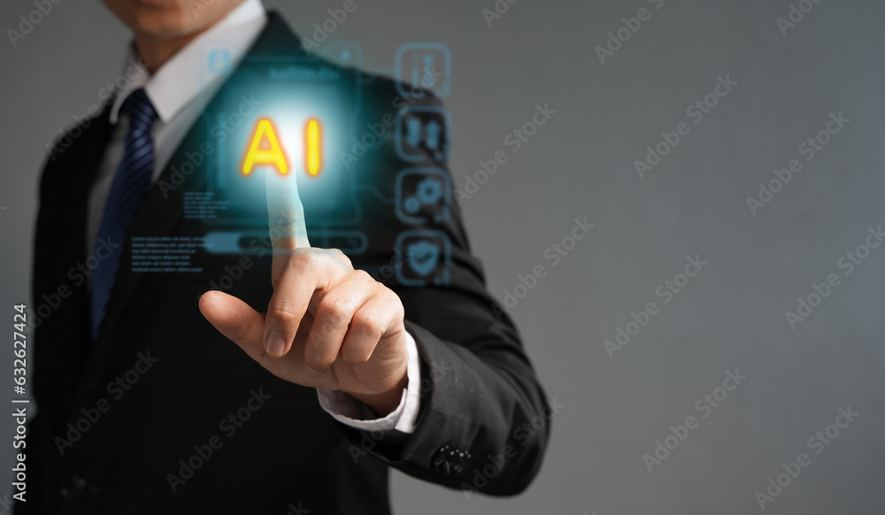 Poster businessman showing graphics in virtual hands.global internet connected ai, artificial intelligence 