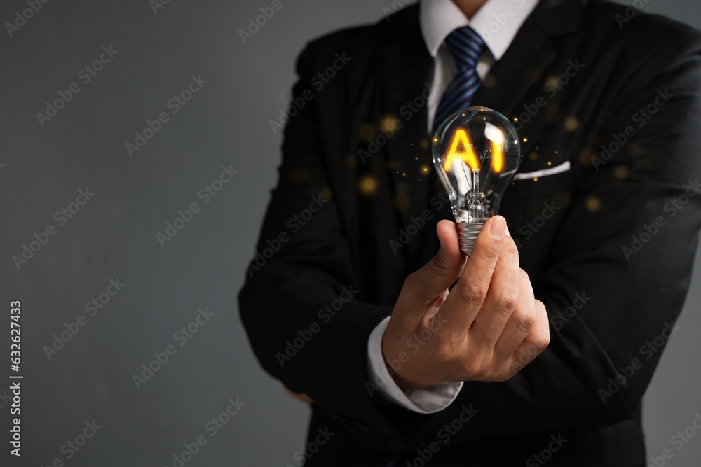 Poster businessman showing graphics in virtual hands.global internet connected ai, artificial intelligence 