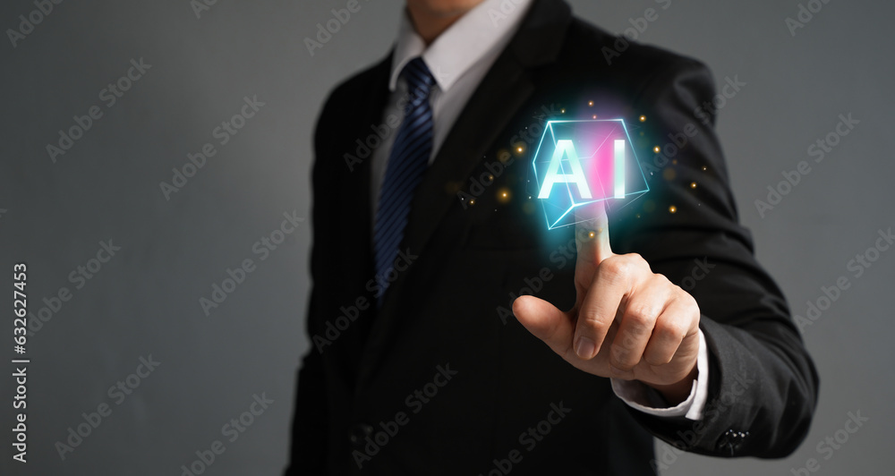 Poster businessman showing graphics in virtual hands.global internet connected ai, artificial intelligence 