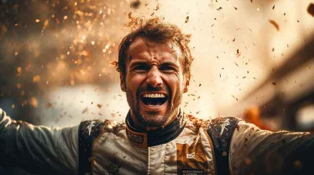 Racing driver enjoys winning the podium, concept of victory and aiming for the goal.