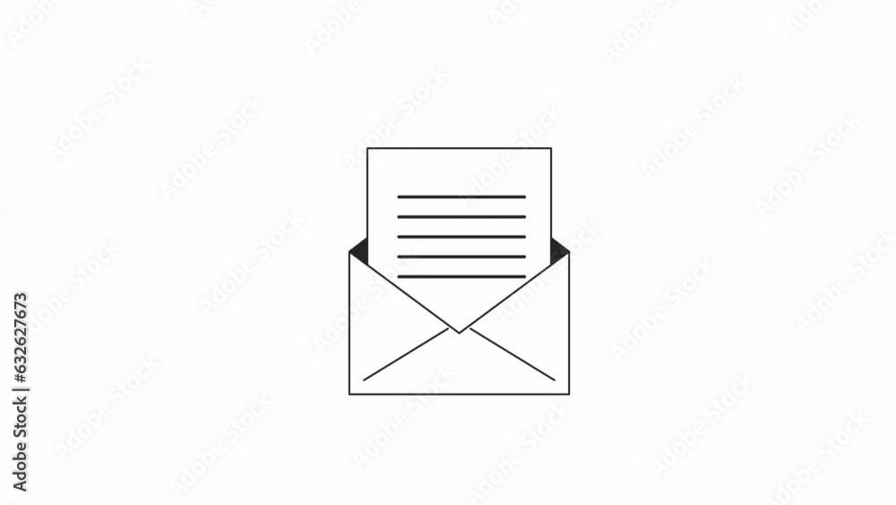 Poster letter in envelope open bw outline 2d object animation. inbox e mailing monochrome linear cartoon 4k