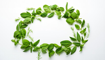 Fototapeta premium Green leaves on white background as botanical frame flatlay, eco design and spring nature flat lay concept