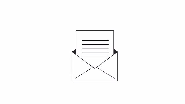 Letter in envelope open bw outline 2D object animation. Inbox e mailing monochrome linear cartoon 4K video. Mail send. Receiving letter. Email newsletter animated element isolated on white background