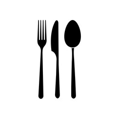 Icon, cutlery symbol silhouette. Spoon, knife, fork. Black with white outline