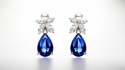 elegant sapphire and pearl drop earrings isolated on a white background generative AI