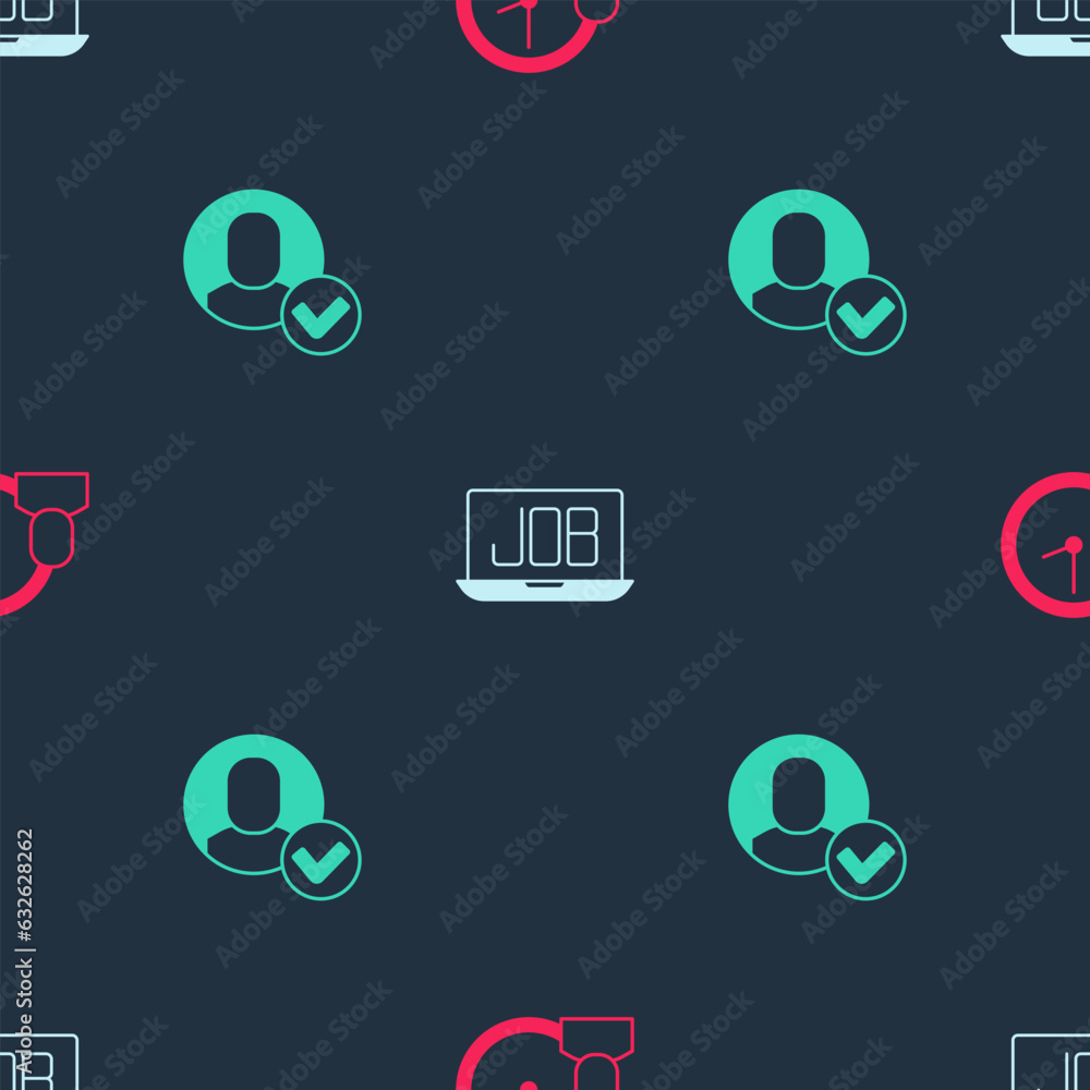 Poster set work time, search job and worker on seamless pattern. vector
