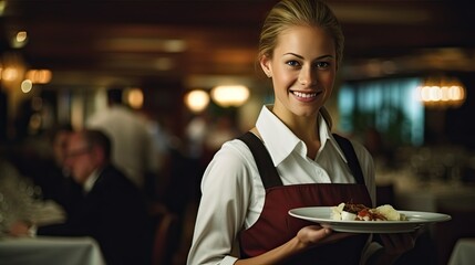At a prestigious luxury restaurant, a young and beautiful server waitress dons a smile as she masterfully balances a tray showcasing plates of exquisite food, elegantly presenting the culinary offerin