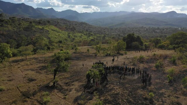 Aerial view of suri tribe warriors fighting during a donga Omo Ethiopia