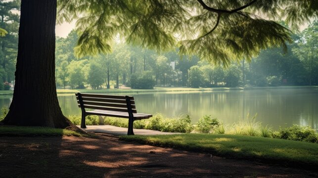 empty park bench facing quiet pond and trees generative AI