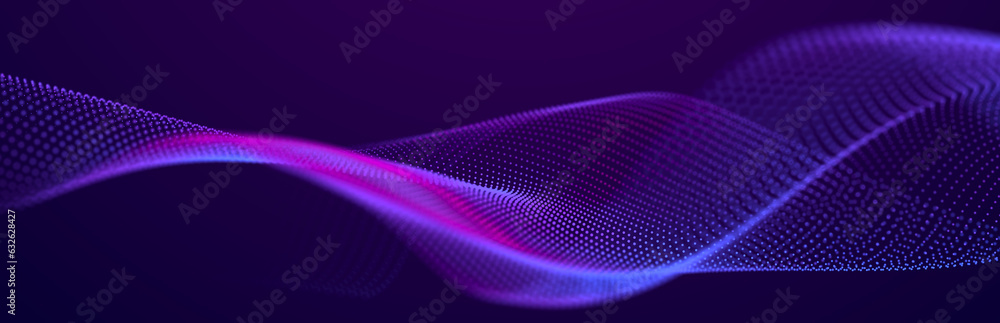 Poster particle stream. purple background with many glowing particles. information technology background. 3