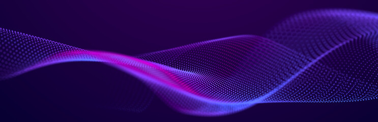 Particle stream. Purple background with many glowing particles. Information technology background. 3d rendering.
