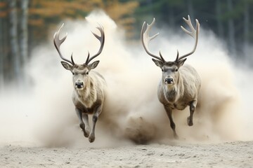 A couple of deer running across a dirt field. AI.
