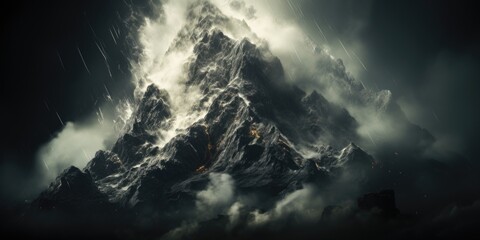 A mountain covered in snow and clouds under a cloudy sky. AI.