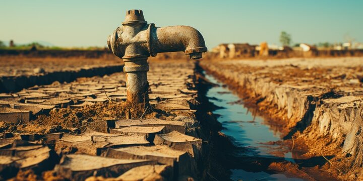 A water faucet in the middle of a dry field. AI.